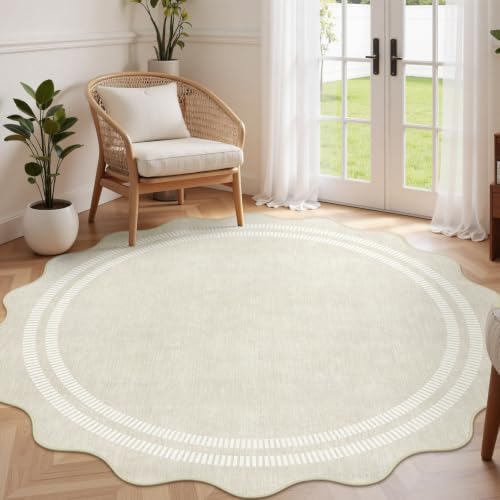 Round Area Rugs 6ft for Bedroom, Ivory Washable Circle Rug Soft Non Slip Floor Scalloped Carpet Indoor Thin Rug for Living Room Dining Room Playroom Nursery
