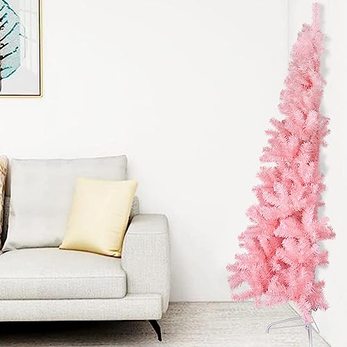 CCINEE 6ft Pine Artificial Christmas Pink Half Tree Easy-Assembly with Solid Metal Stand for Wall Xmas Themed Party Decoration Indoor Outdoor Living Room Decor