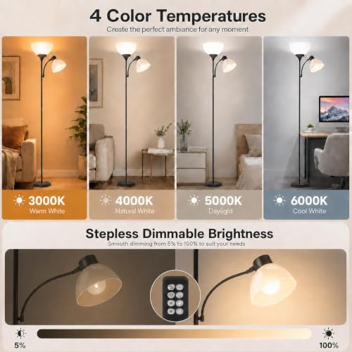 GERGO 2-in-1 Torchiere Floor Lamp, 11W+7W 2100LM Super Bright Dimmable LED Lamp with Remote & Touch Control, 3000K-6000K Adjustable Tall lamp for Living Room, Bedroom, (Matte Black)