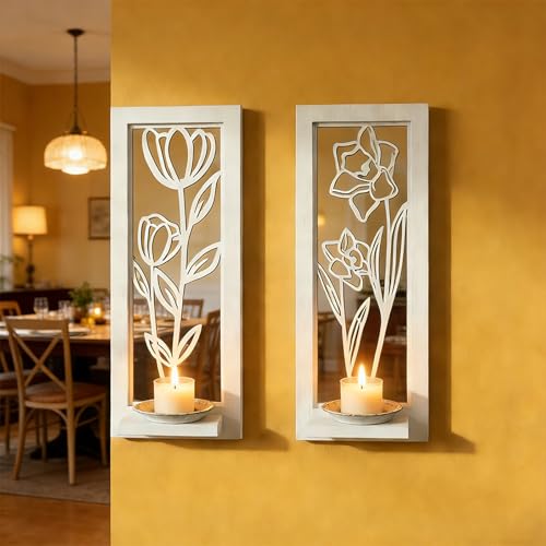 ZEXUIRU 2 Set Rustic Candle Sconces Living Room Bedroom Entryway Wood Mirrored, Farmhouse, Carved Frame Wall-Mount Wooden Candle Holders Wall Decor Hanging Handmade Holder - Distressed White