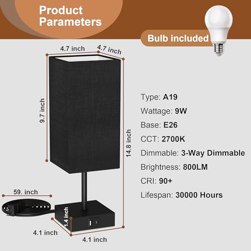 Table Lamp for Bedroom, 3 Way Dimmable Touch Bedside Lamp, Small Lamp with 2 USB C+A Charging Ports, Black Nightstand Lamps for End Table, Living Room, Desk, Bulb Included