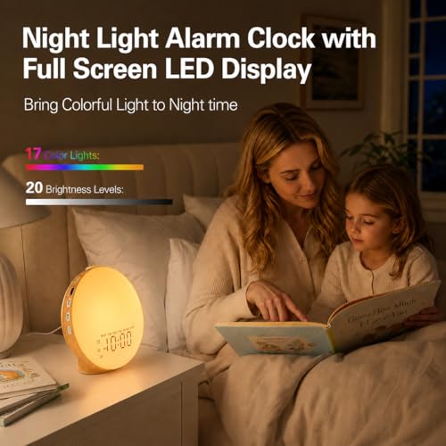 JALL Full Screen Dimmer Sunrise Alarm Clocks for Bedrooms, Wake Up Light with FM Radio, 25 White Noise Sleep Sounds, Bluetooth Speaker, Dual Alarms Bedside Clock for Heavy Sleepers