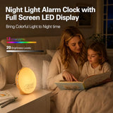 JALL Full Screen Dimmer Sunrise Alarm Clocks for Bedrooms, Wake Up Light with FM Radio, 25 White Noise Sleep Sounds, Bluetooth Speaker, Dual Alarms Bedside Clock for Heavy Sleepers