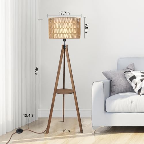 Boho Tripod Floor Lamps for Living Room, Rattan Wood Floor Lamp with Fabric Shades, Mid Century Standing Lamp with Shelf, Foot Switch, Modern Farmhouse Tall Lamps for Bedroom Office Brown