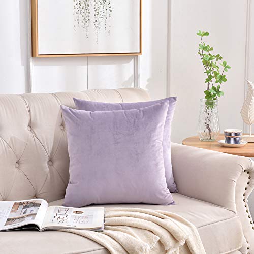 Set of 2 Soft Velvet Throw Pillow Covers, Decorative Solid Cushion Cases for Sofa Couch and Bed - 16"x16", Lavender