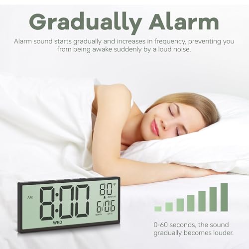 JALL 14.5" Large Digital Wall Clock Alarm, with Big LCD Screen Dispaly, Auto DST, Temperature for Living Room, Bedroom, Desk Decor, Mounted, Gift for Elderly, Black