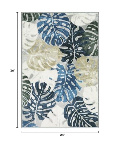 Wonnitar 2x3 Kitchen Sink Rug, Machine Washable Blue Bathroom Leaf Rugs, Monstera Coastal Non-Skid Bedside Accent Mat, Non-Shedding Low Pile Floor Carpet for Entry Doormat Bedroom Laundry