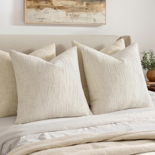 MIULEE Textured Throw Pillow Covers Thick Chenille Decorative Pillows Cream White 18x18 Inch Set of 2 Modern Boho Farmhouse Home Decor Neutral Cushion Covers for Couch Sofa Living Room Bedroom