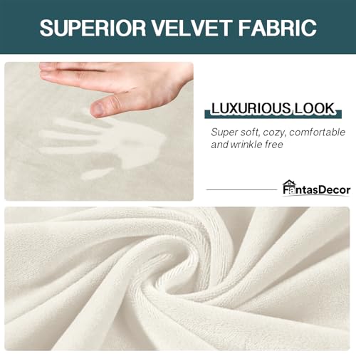 FantasDecor 4 Piece Sofa Velvet Couch Covers for 3 Cushion Stretch Slipcover with Individual Seat Cushion Elastic Furniture Protector for Pets, Machine Washable (Sofa, Ivory)