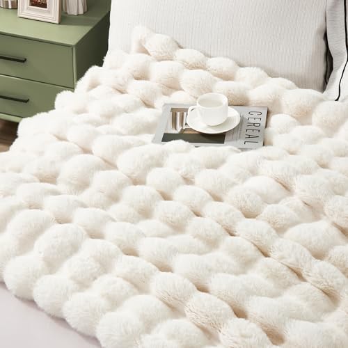 JONIYEAR Soft Fuzzy Bubble Faux Rabbit Fur Throw Blanket for Couch Chair 50" x 60", Reversible Textured Thick Warm Fluffy Blanket for Winter, Luxury Cozy Puffy Shaggy Comfy Furry Blankets, Cream White