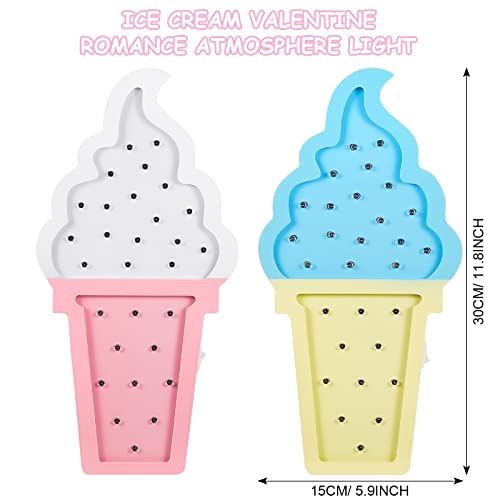 Mudder 2 Pcs Ice Cream Decor Wooden LED Night Light Romance Atmosphere Light Ice Cream Theme Party Lamps Battery Operated LED Night Lights for Spring Party Birthday Wedding(Blue-Yellow)