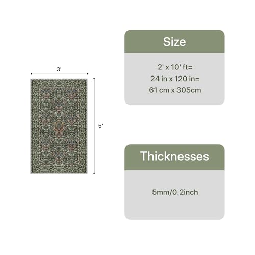 3x5 Washable Area Rug for Living Room, Vintage Floral, Olive Green
