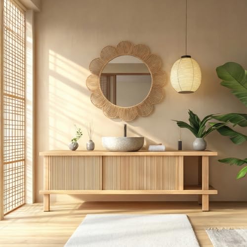 Sintuff Boho Scalloped Wall Mirror Decorative Flower Round Wavy Mirror with Frame Rustic Farmhouse Rattan Wicker Natural Wall Decor for Bathroom Bedroom Office (Jute,24 Inch,Scalloped)