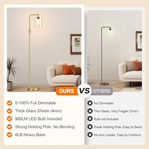 【Upgraded】Dimmable Gold Floor Lamp for Living Room with Clear Glass Lampshade, Glass Modern Floor Lamp with 900LM Edison Bulb Included, Standing Tall Lamp for Bedroom, Office, Reading Room, Corner