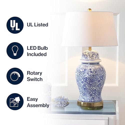 JONATHAN Y 29.5" Blue/White Ceramic Table Lamp for Living Room and Office, White Linen Drum Shade, Traditional Chinoiserie Ginger Jar Lamp, LED Bulb Included JYL3008A
