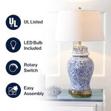 JONATHAN Y 29.5" Blue/White Ceramic Table Lamp for Living Room and Office, White Linen Drum Shade, Traditional Chinoiserie Ginger Jar Lamp, LED Bulb Included JYL3008A