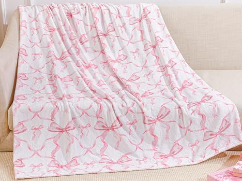 Buryeah Pink Bow Throw Blanket 50"x60" Ultra Soft Flannel Coquette Aesthetic Blanket for Girls Women Preppy Room Decor for Bed Sofa Spring Wedding Mother's Day Graduation Back to School Gift