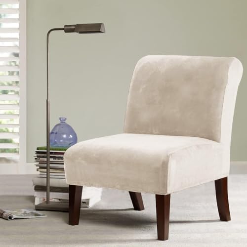 H.VERSAILTEX Armless Accent Chair Covers Thick Velvet Armless Chair Slipcovers High Stretch Chair Covers for Living Room Hotel Machine Washable Furniture Protector with Elastic Bottom, Ivory
