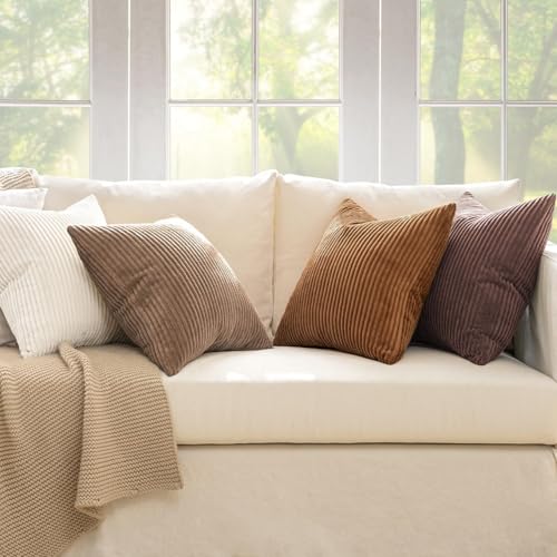 MIULEE Boho Farmhouse Throw Pillow Covers 18x18 Inch Set of 4 Rustic Mordern Neutral Cushion Covers Soft Corduroy Nordic Home Decor for Couch Bed Sofa Living Room Brown