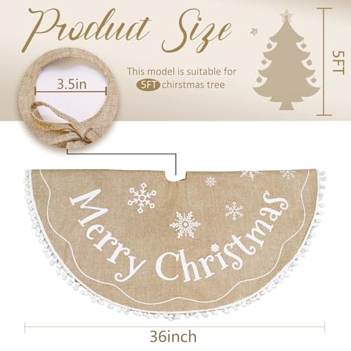 AerWo Christmas Tree Skirt 36 Inch, Burlap Tree Skirt Printed with White Snowflake and Merry Christmas Decor, Brown Tree Skirt for Christmas Decorations New Year Holiday Party Supply Indoor Outdoor