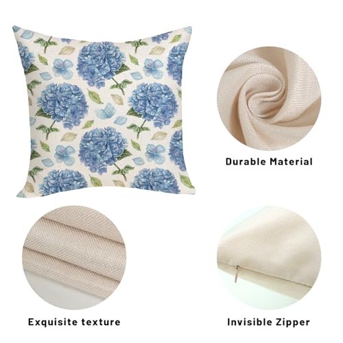 Spring Floral Pillow Covers 18x18 Pack of 2 Blue Hydrangea Flower Throw Pillow Covers Decoration,Summer Holiday Decor Pillowcase Rustic Farmhouse Linen Cushion Case for Home Sofa Couch Outdoor