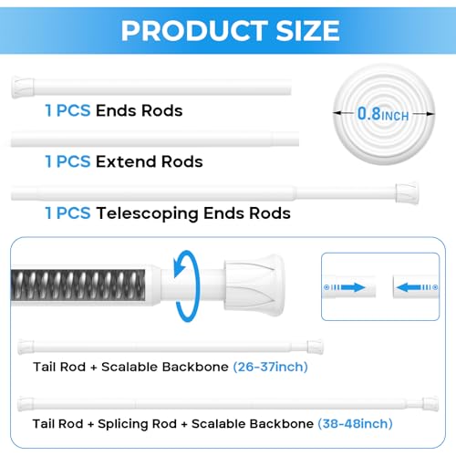 Tension Rod 28 to 48 inch, Adjustable Curtain Rods No Drilling Spring Rods Extendable Pressure DIY Tension Rod for Window Closet Kitchen, White