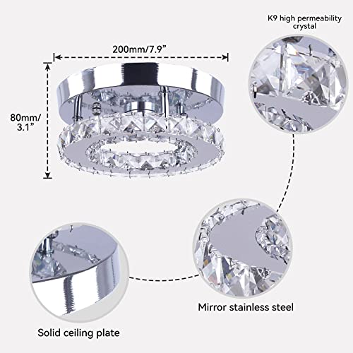 7.9" K9 Crystal LED Chandelier Flush Mount Ceiling Light, Cool White | K9 crystal 7.9“ in low-profile flush mount cool white LED for hallway foyer closet bedroom indoor hardwired