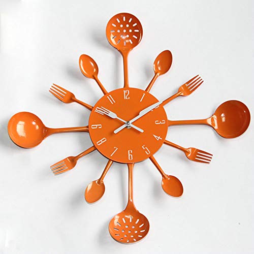 Timelike Wall Clock, 16" Metal Kitchen Cutlery Utensil Spoon Fork Wall Clock Creative Modern Home Decor Antique Style Wall Watch (Orange)