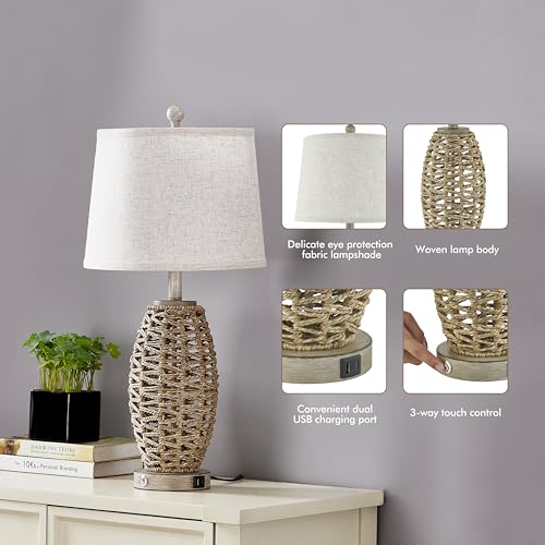 27” Natural Rattan Table Lamps Set of 2,Touch Switch,3-Way Dimmable Bedside Lamps, with A+C USB Charging Ports,Oatmeal Lampshade,Farmhouse Table Lamp for Bedroom, Living Room(2 Bulbs Included)