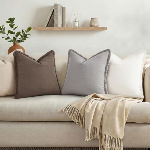 decorUhome Linen Fringe Linen Brown Throw Pillow Covers 24x24 Set of 2