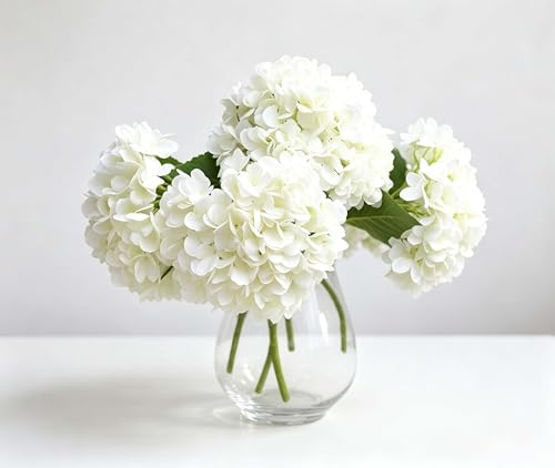 PARTY JOY 5PCS 15.4In Artificial Hydrangea Silk Flowers Bouquet Faux Hydrangea Stems for Wedding Centerpieces Home Decor (White, 5)