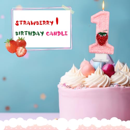 Conelist Strawberry 1 Candle for First Birthday Pink Number 1 Candle Berry One Glitter Cake Topper for Strawberry 1st Birthday Party Supplies Anniversary Decorations