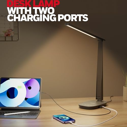 Honeywell HWT-H2 LED Desk Lamp for Home Office, CRI94 Full Spectrum Eye-Caring Light, Dimmable Table Lamp with USB-A & USB-C Charging Ports, Foldable Touch Control Reading Lamp, Black