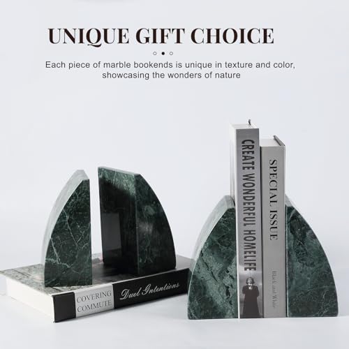 Marble Bookends for Shelves, 8Lbs Large Stone Bookends for Heavy Books, Non-Slip Heavy Duty Book Stopper, Modern Decorative Book Ends for Bookshelf Table Home Decor(Green)
