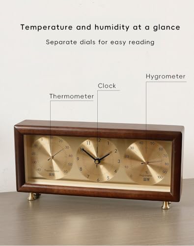 Adventurers Walnut Multifunctional Desk Clock with Temperature & Humidity Sensor, Solid Wood Frame, Elegant Gift for Living Room & Study Decor