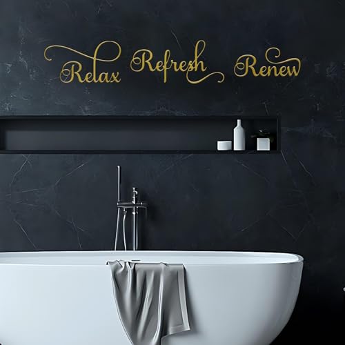 3 Pieces Relax Refresh Renew Bathroom Signs Decor Farmhouse Bathroom Wall Art Sign Gold Metal Relax Renew Refresh Wall Decor for Home Living Room Any Room Bathroom Decoration (Gold)