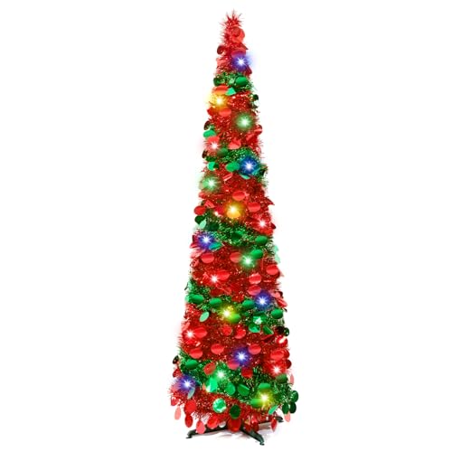 5Ft Pop Up Christmas Tree with Lights, Collapsible Pencil Tree Red Green, Skinny Christmas Tree Slim Xmas Tree, Artificial Tinsel Tree Foldable for Home Apartment Holiday Party Winter Decor