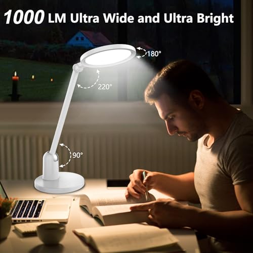 Desk Lamps for Home Office with Stable Base, 1000LM Ultra Bright Eye-Caring Desk Light, 3000K-6000K Dimmable Table Lamp with Stepless Dimming & Timing Function for Work, Reading, Bedroom