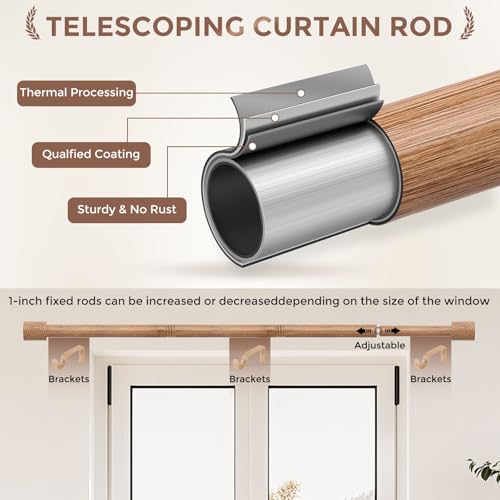 Wood Curtain Rods, 1'' Decorative Adjustable Rustic Farmhouse Drapery Rod, Heavy Duty Boho Curtain Pole for Windows 28 to 48 Inch with Imitation Wooden Grain Finials, (Light Wood/Unique Design)