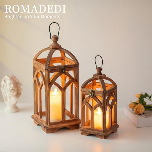 Romadedi Farmhouse Wood Candle Lantern Decorative 12"/16", Set of 2, Brown