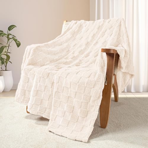 Exclusivo Mezcla Fleece Throw Blanket for Couch and Sofa, Super Soft and Cozy Blankets with Checkered Design, Lightweight, Decorative, All Season Use, 50x60 Inches, Ivory