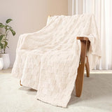 Exclusivo Mezcla Fleece Throw Blanket for Couch and Sofa, Super Soft and Cozy Blankets with Checkered Design, Lightweight, Decorative, All Season Use, 50x60 Inches, Ivory