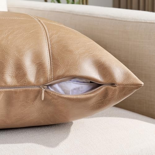 Fancy Homi 2 Packs Waterproof Faux Leather Tan Decorative Throw Pillow Covers 18x18 Inch for Outdoor Couch Bed, Taupe Modern Farmhouse Boho Home Decor, Plaid Hand Stitched Beige Cushion Case 45x45 cm