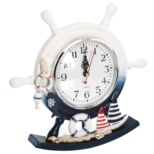 TOYANDONA Mediterranean Style Wooden Desktop Clock Creative Nautical Swim Ring Pendulum Design Silent Mute Clock for Living Room Table Decor