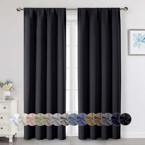 Black Blackout Curtains 84 Inch Length 2 Panels Set, Soft Solid Thermal Insulated Room Darkening Curtains 84 Inches Long for Bedroom Living Room, Rod Pocket Drape, Black, Each 40" Wx84 L