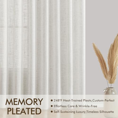MIULEE 96 Inches Long Pinch Pleated Natural Linen Curtains 2 Panels Set for Bedroom Living Room, Viral Pleat Semi Sheer Drapes Light Filtering Textured Sheer Curtains with Hooks Floor to Ceiling