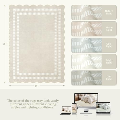 Area Rugs 5x7 Living Room Washable Modern Rug, Neutral Beige Soft Non Slip Rugs Ultra-Thin Indoor Carpet for Bedroom Dining Room Nursery Home Office