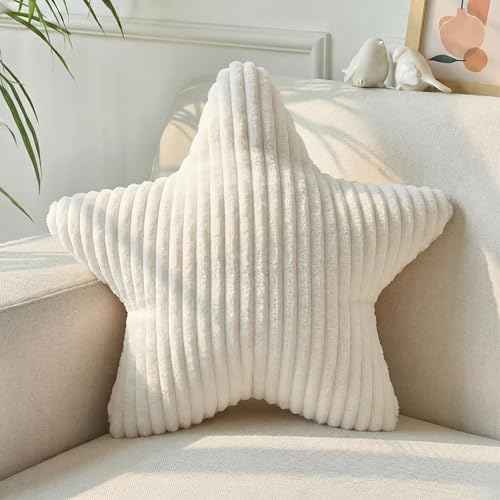 Qunclay 15" White Star Pillow Star Shaped Throw Pillows Decorative Soft Striped Faux Fur Plush for Couch Sofa Bed Modern Farmhouse Creamy Boho Aesthetic Home Bedroom Living Room Decor Boy Girl Gift