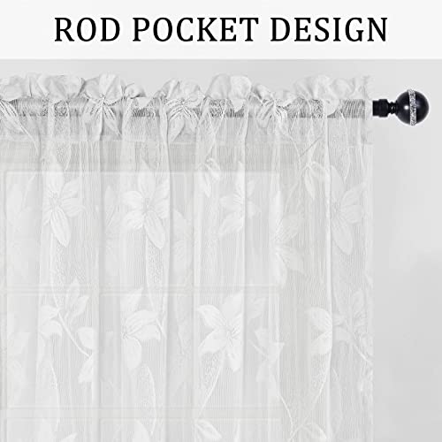 DWCN White Floral Lace Sheer Curtains - Rod Pocket Window Voile Sheer Drapes for Bedroom Kitchen Short Curtains 52 x 45 inch Length, Set of 2 Curtain Panels