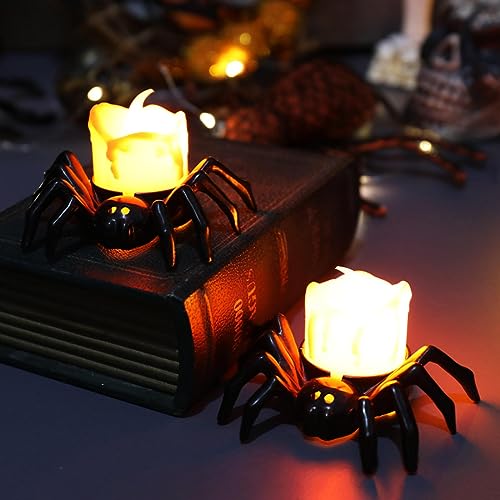 YBB 6 Pcs Halloween Spider Tea Lights, Novelty LED Flameless Spider Candle Holder Battery Operated Orange Tea Lamps for Halloween Party Table Home Spooky Decor